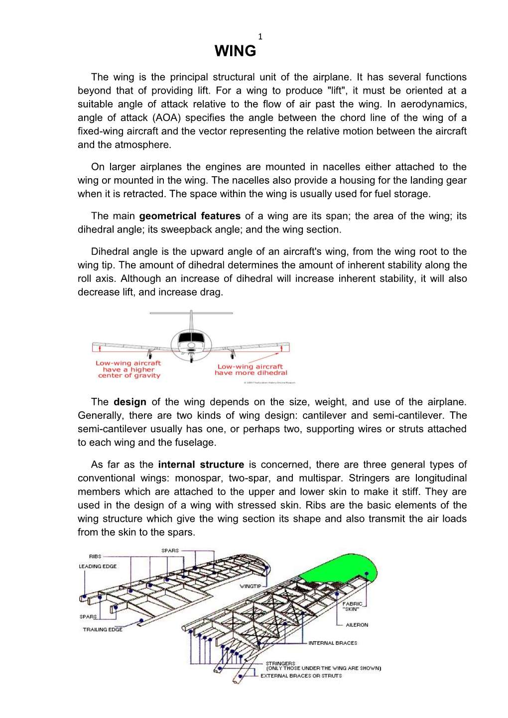 The Wing Is the Principal Structural Unit of the Airplane. It Has Several Functions Beyond That of Providing Lift. for a Wing To