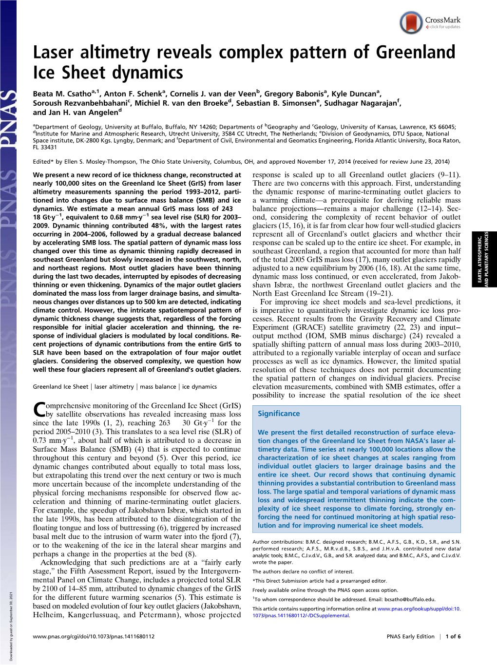 Laser Altimetry Reveals Complex Pattern of Greenland Ice Sheet Dynamics