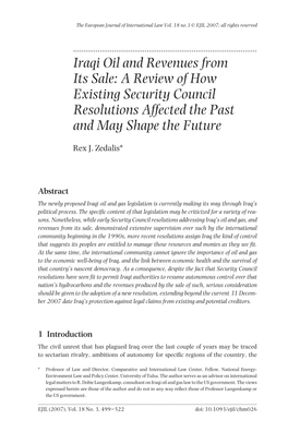 Iraqi Oil and Revenues from Its Sale: a Review of How Existing Security Council Resolutions Affected the Past and May Shape the Future