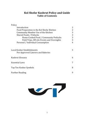 Kol Shofar Kashrut Policy and Guide Table of Contents