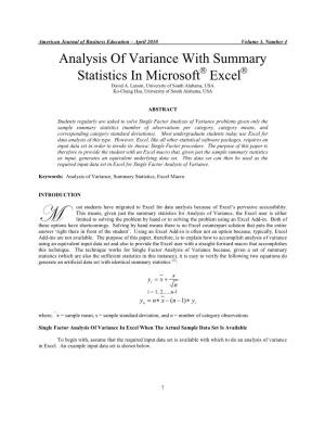 Analysis of Variance with Summary Statistics in Microsoft Excel