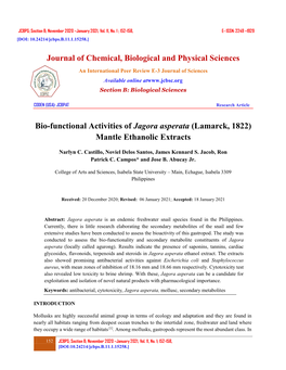 Bio-Functional Activities of Jagora Asperata (Lamarck, 1822) Mantle Ethanolic Extracts