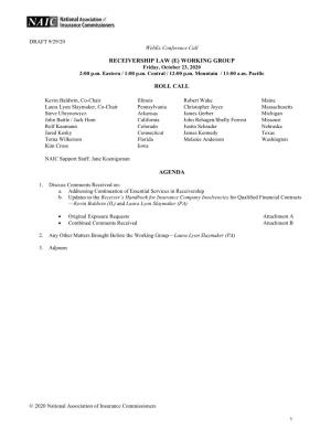 Receivership Law (E) Working Group Roll Call Agenda