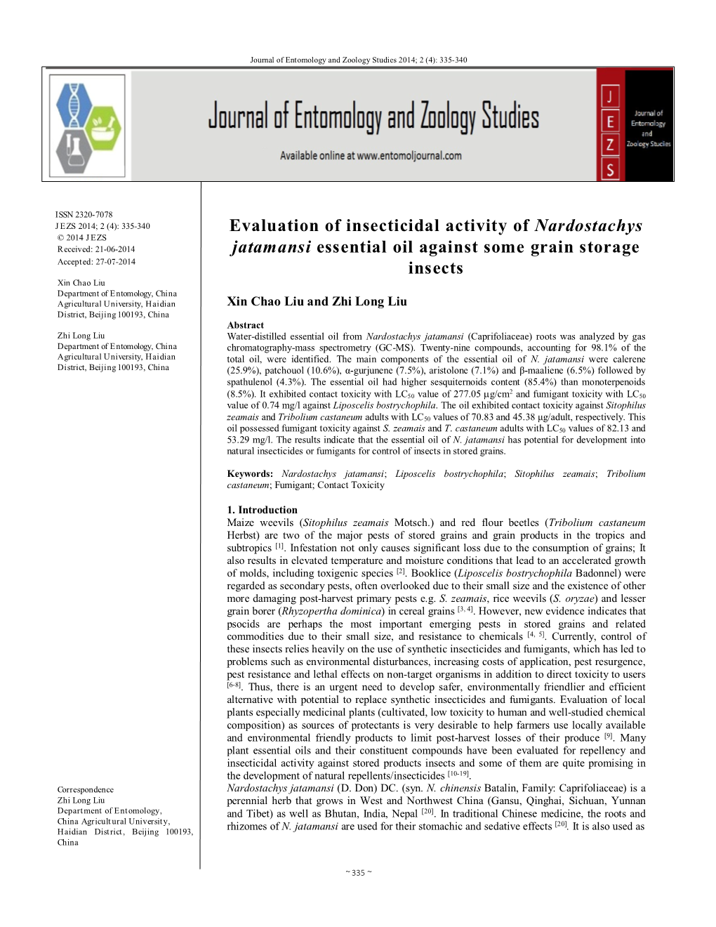 Evaluation of Insecticidal Activity of Nardostachys Jatamansi Essential Oil Against Some Grain Storage Insects