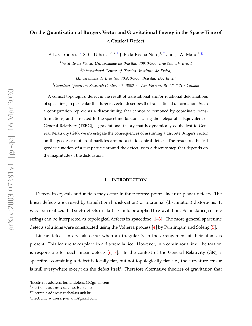 On the Quantization of Burgers Vector and Gravitational Energy in the Space-Time of a Conical Defect