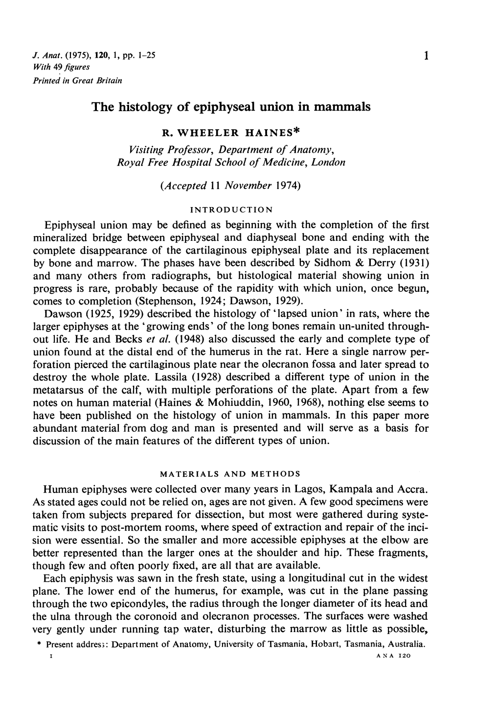 The Histology of Epiphyseal Union in Mammals