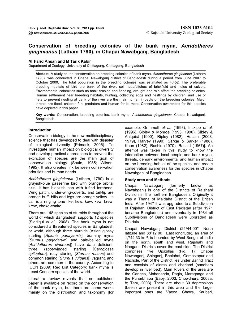 Conservation of Breeding Colonies of the Bank Myna, Acridotheres Ginginianus (Latham 1790), in Chapai Nawabganj, Bangladesh