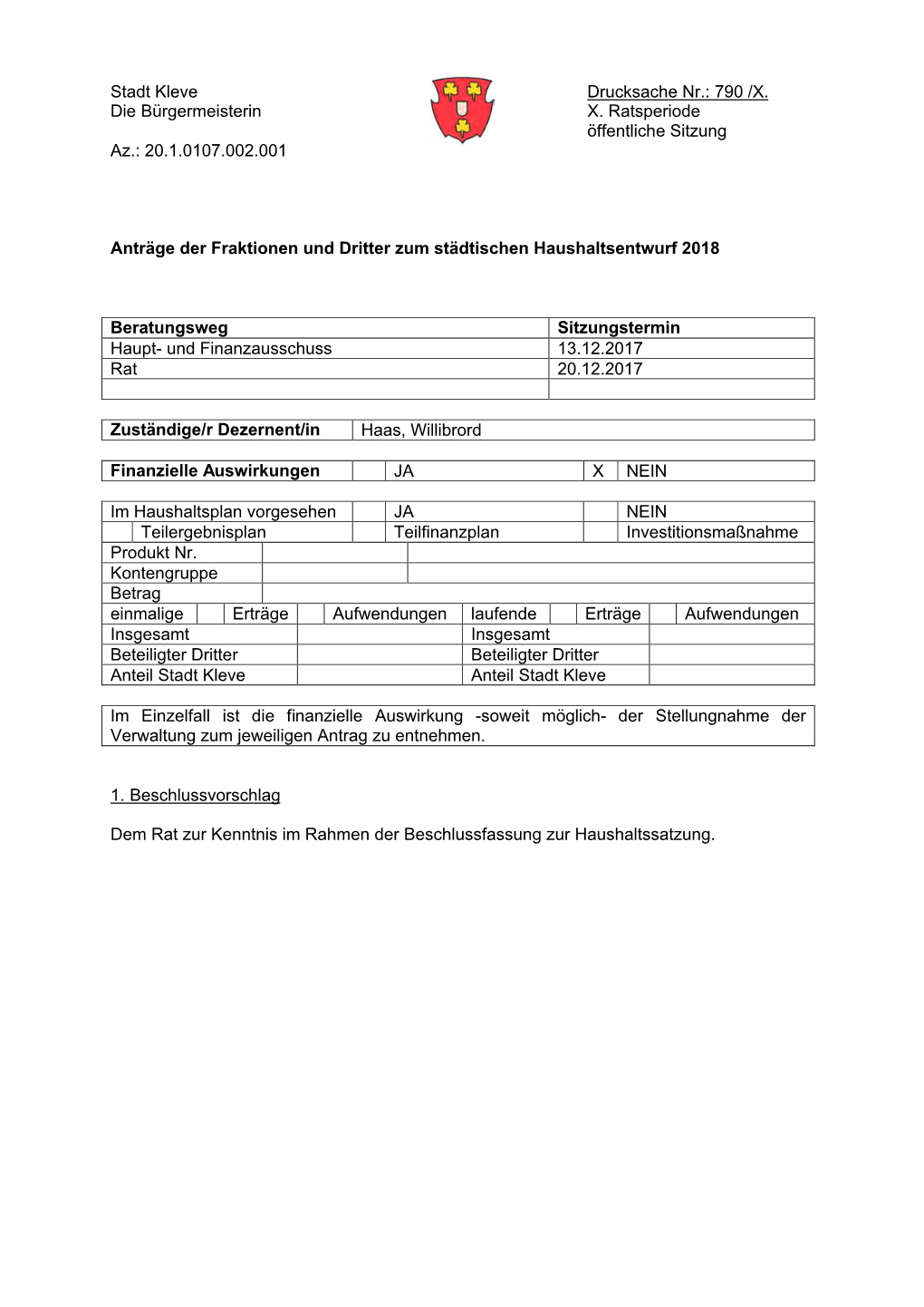 Stadt Kleve Die Bürgermeisterin Az.: 20.1.0107.002.001 Drucksache Nr