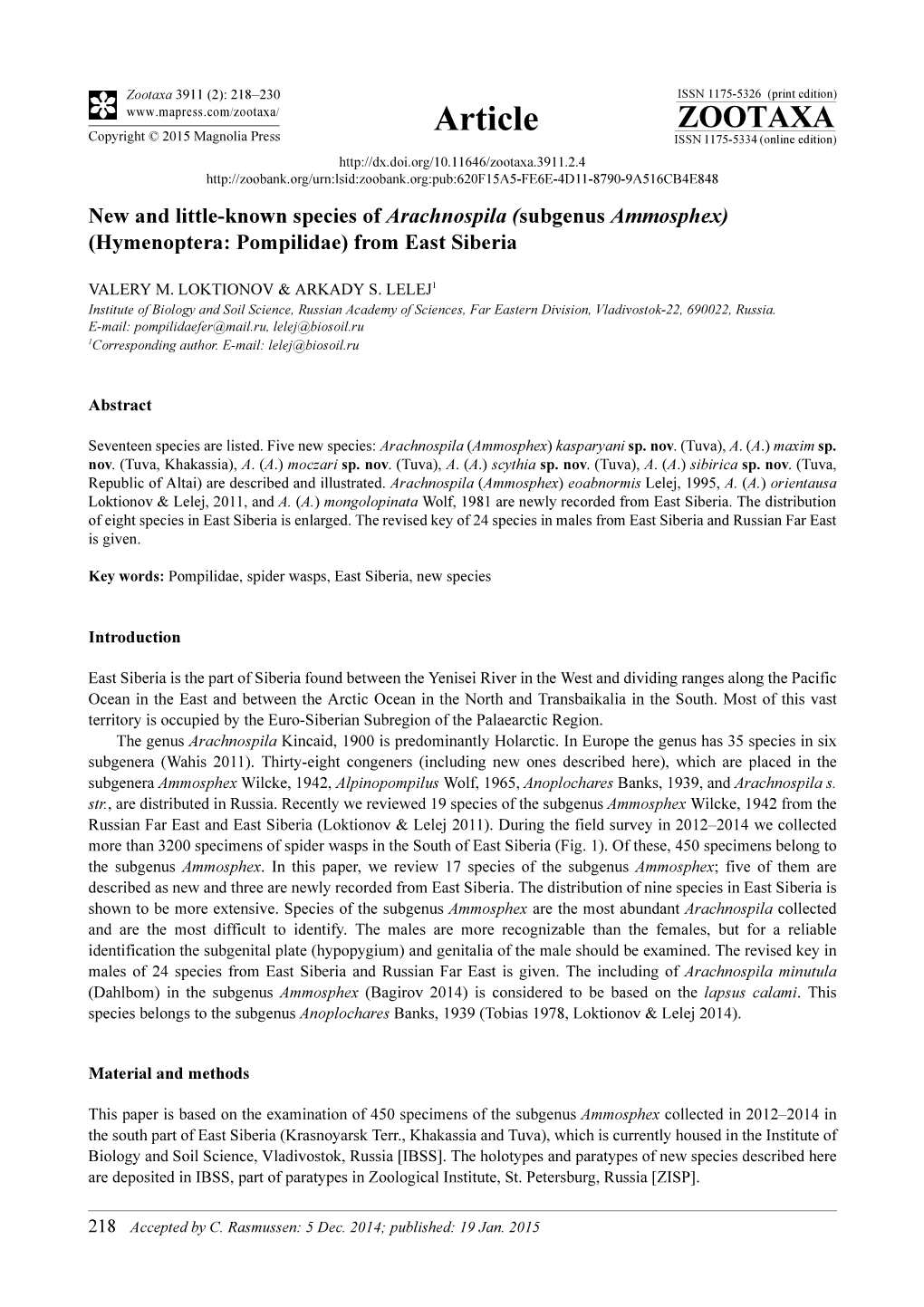 New and Little-Known Species of Arachnospila (Subgenus Ammosphex) (Hymenoptera: Pompilidae) from East Siberia