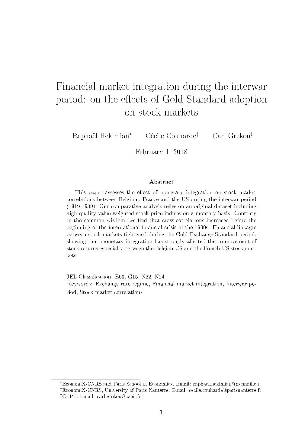 Financial Market Integration During the Interwar Period: on the EEcts of Gold Standard Adoption on Stock Markets