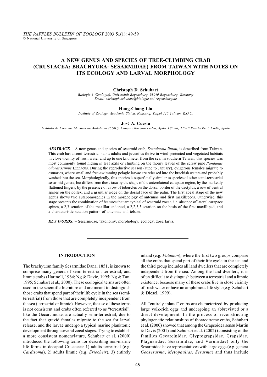 49 a New Genus and Species of Tree-Climbing Crab