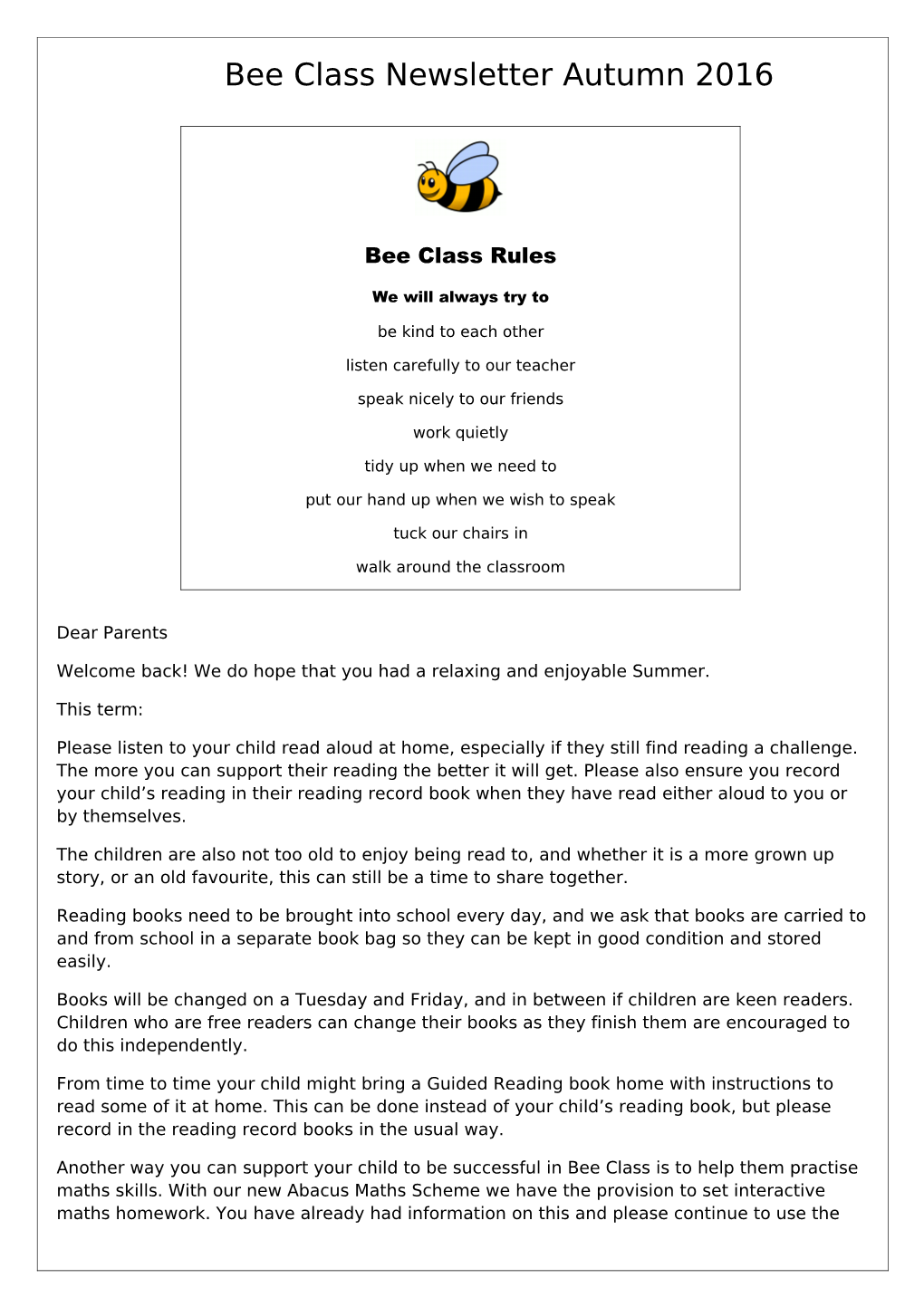 Bee Class Newsletter Autumn 2016