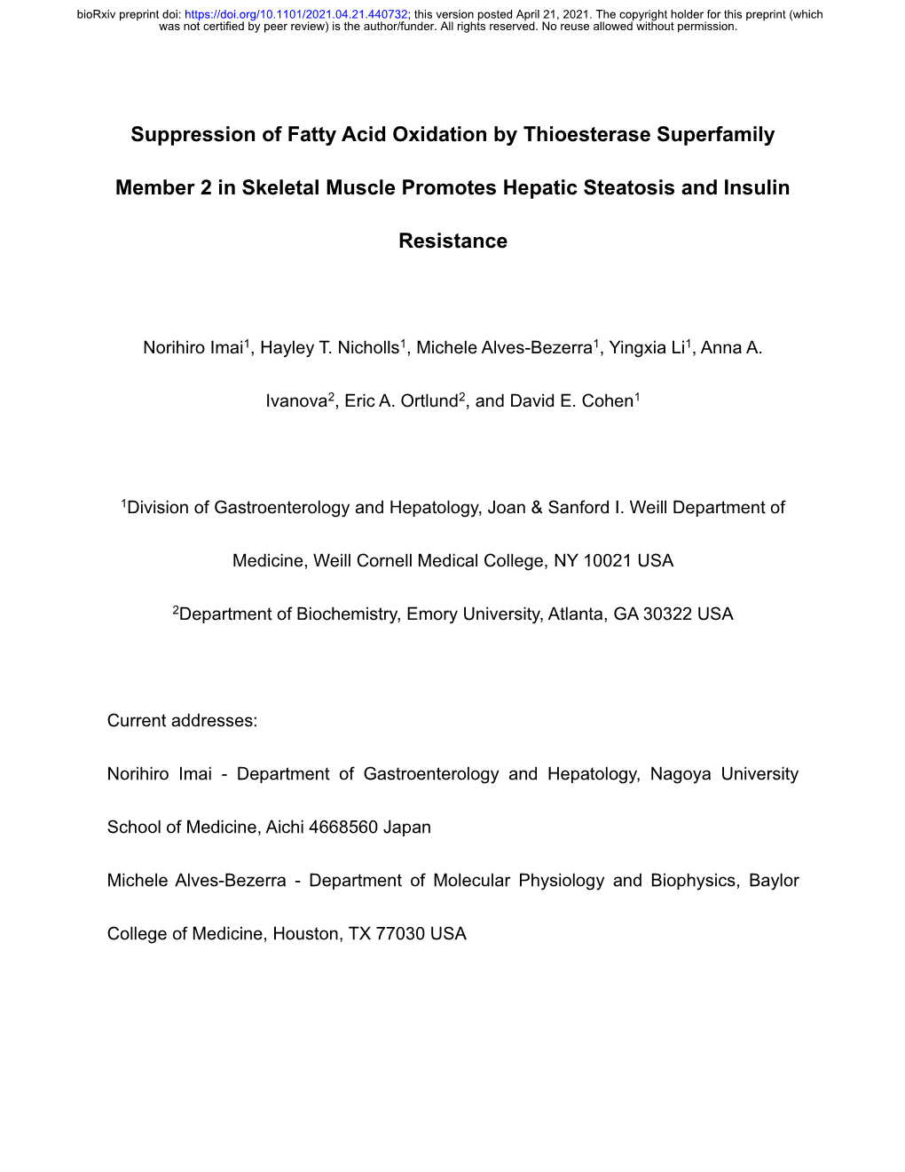 Suppression of Fatty Acid Oxidation by Thioesterase Superfamily Member