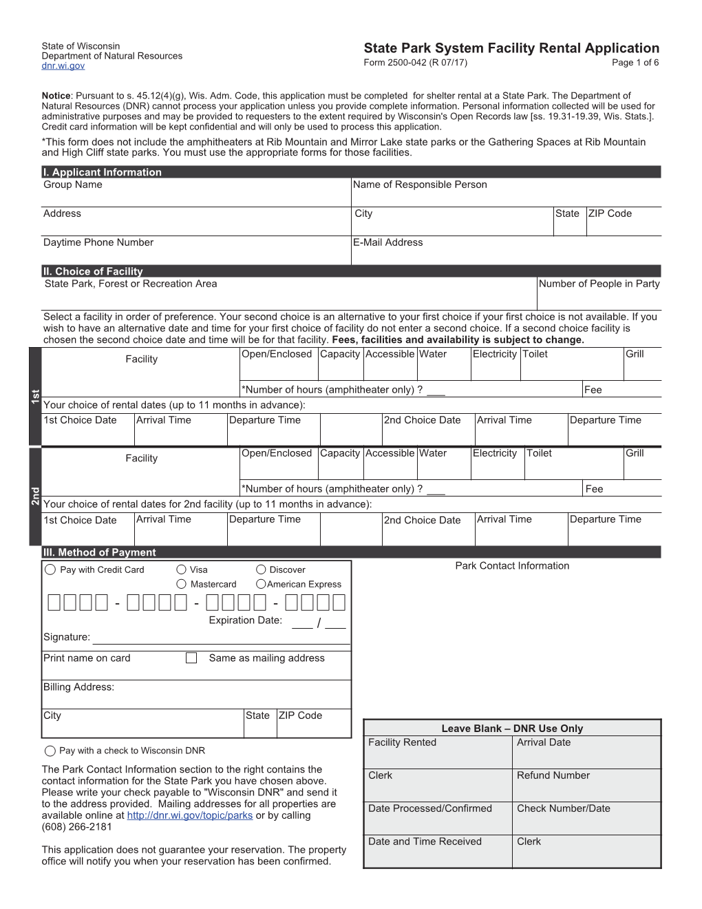 State Park System Facility Rental Application Department of Natural Resources Dnr.Wi.Gov Form 2500-042 (R 07/17) Page 1 of 6