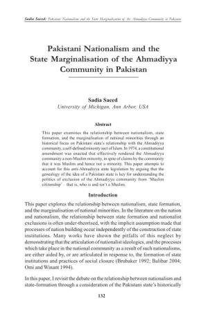 Pakistani Nationalism and the State Marginalisation of the Ahmadiyya Community in Pakistan