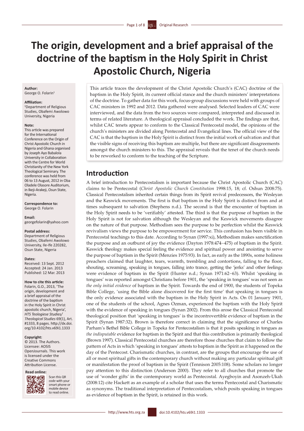 The Origin, Development and a Brief Appraisal of the Doctrine of the Baptism in the Holy Spirit in Christ Apostolic Church, Nigeria