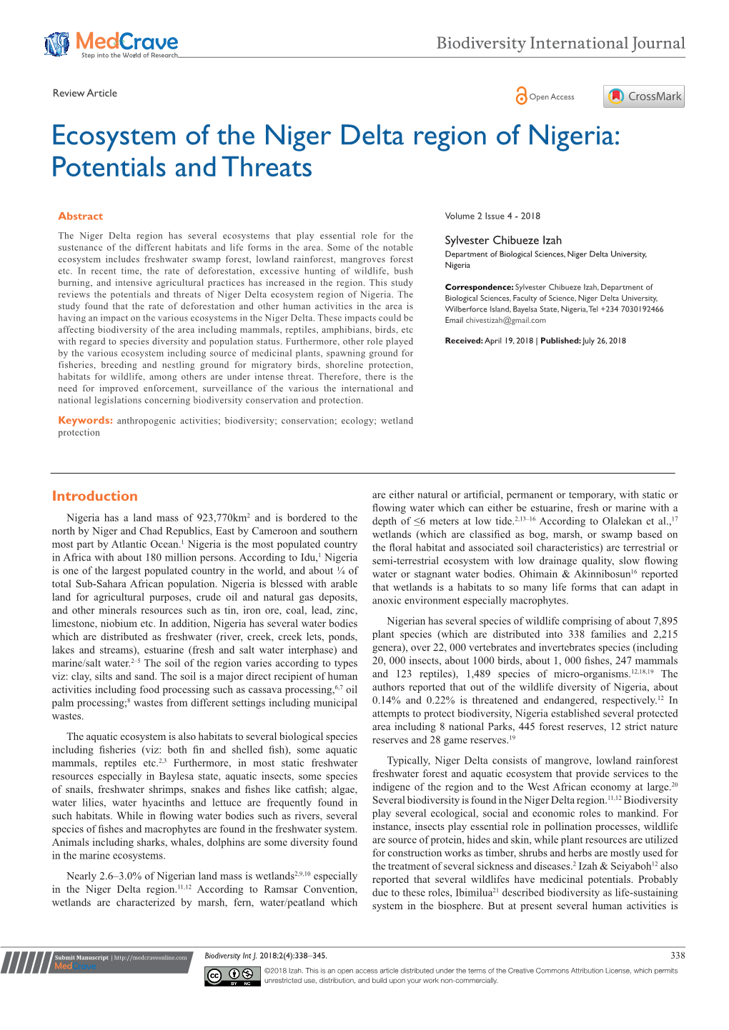 Ecosystem of the Niger Delta Region of Nigeria: Potentials and Threats