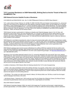 Tutv Launches Bandamax on DISH Network(R), Striking Deal As Anchor Tenant of New U.S