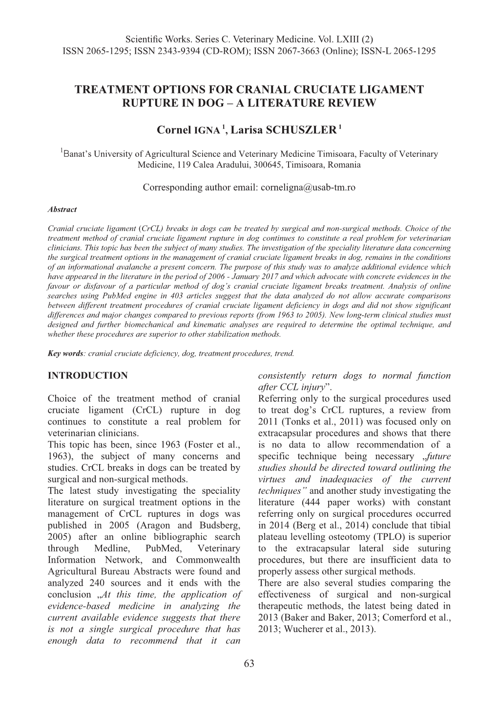 Treatment Options for Cranial Cruciate Ligament Rupture in Dog–A Literature Review