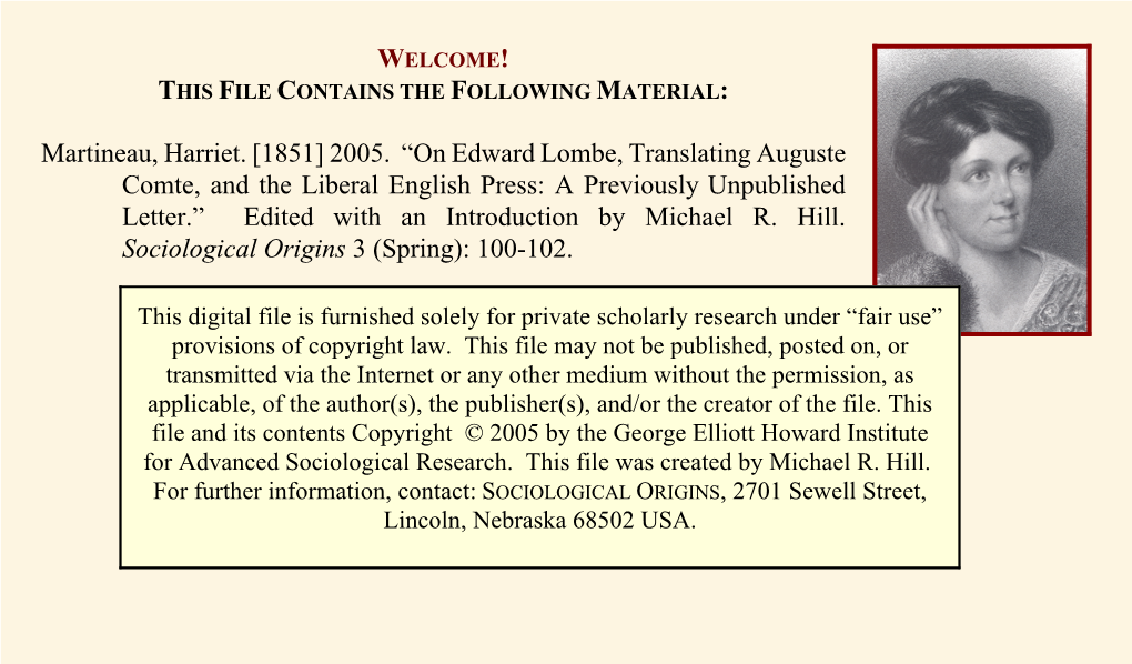 2005. “On Edward Lombe, Translating Auguste Comte, and the Liberal English Press: a Previously Unpublished Letter.” Edited with an Introduction by Michael R