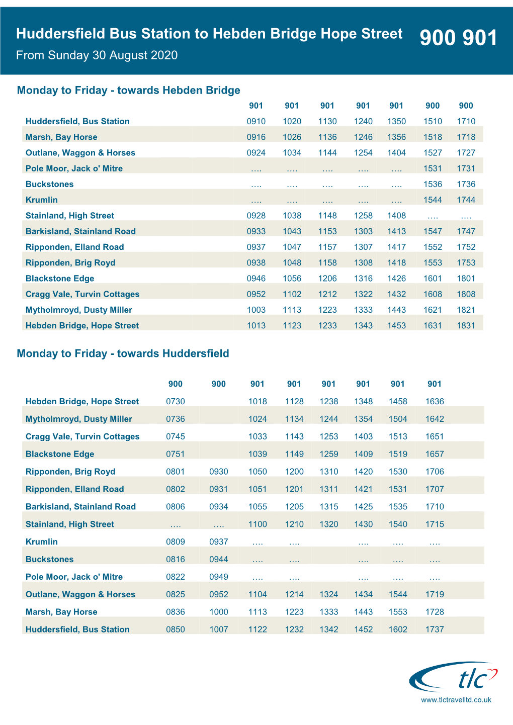 Huddersfield Bus Station to Hebden Bridge Hope Street 900 901 from Sunday 30 August 2020