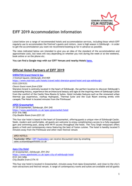 EIFF 2019 Accommodation Information