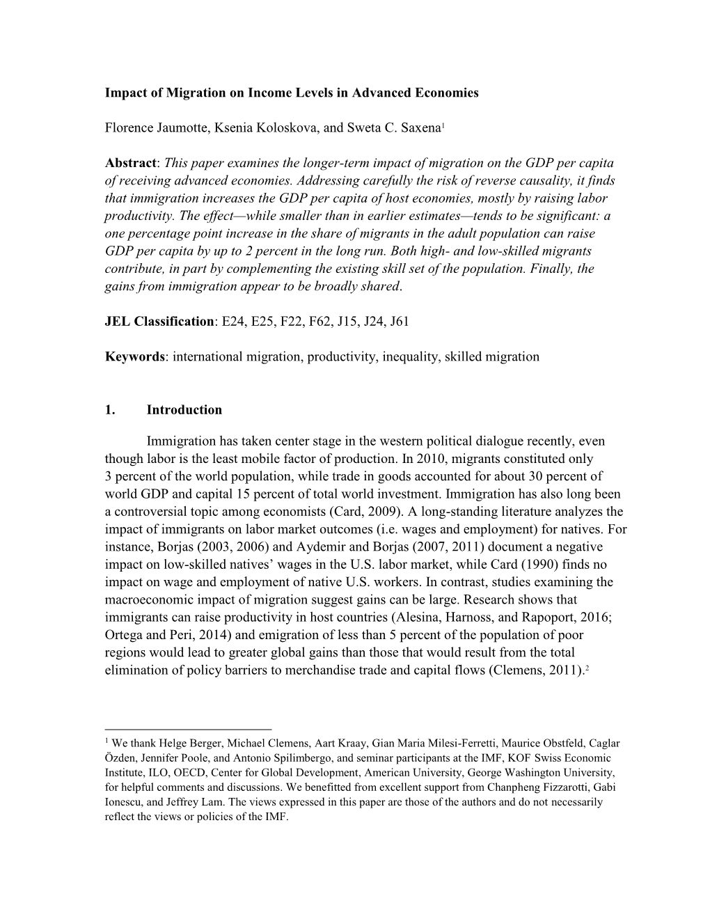 Impact of Migration on Income Levels in Advanced Economies Florence