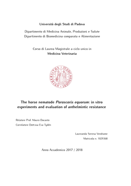 The Horse Nematode Parascaris Equorum: in Vitro Experiments and Evaluation of Anthelmintic Resistance