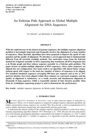 An Eulerian Path Approach to Global Multiple Alignment for DNA