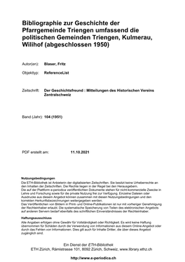 Bibliographie Zur Geschichte Der Pfarrgemeinde Triengen Umfassend Die Politischen Gemeinden Triengen, Kulmerau, Wilihof (Abgeschlossen 1950)