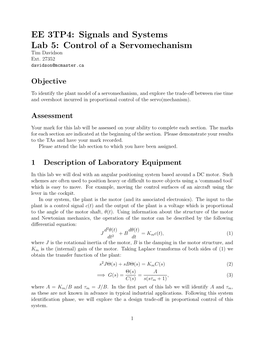 EE 3TP4: Signals and Systems Lab 5: Control of a Servomechanism Tim Davidson Ext