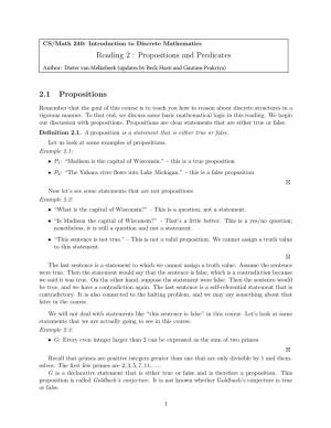 Reading 2 : Propositions and Predicates