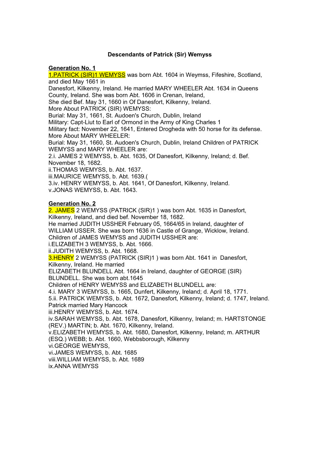 Descendants of Patrick (Sir) Wemyss