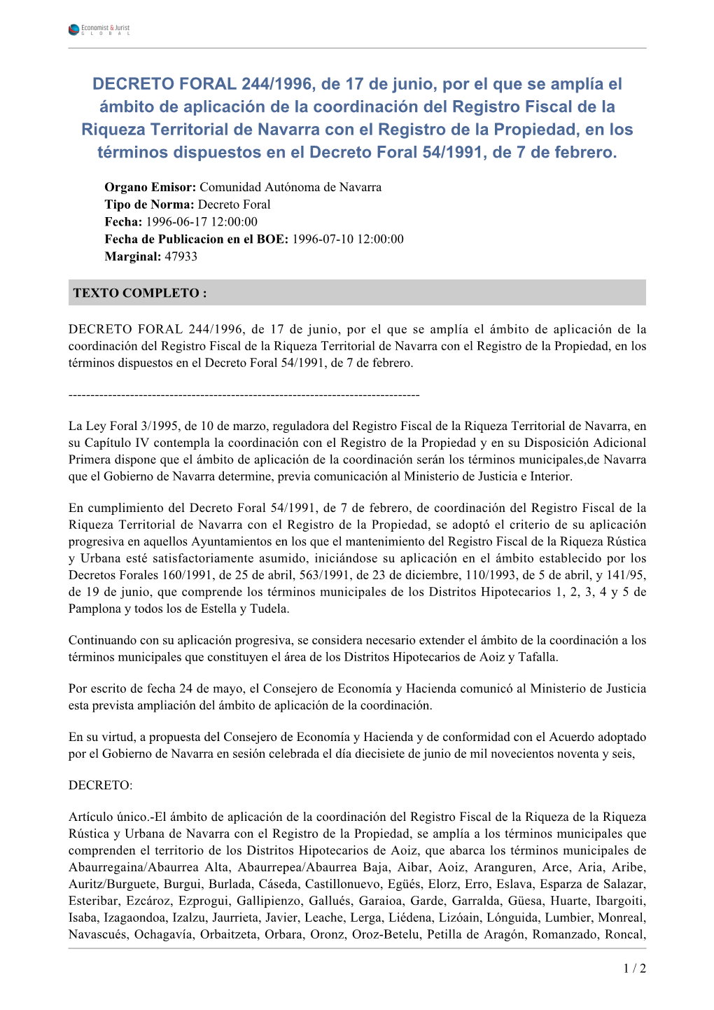 DECRETO FORAL 244/1996, De 17 De Junio, Por El