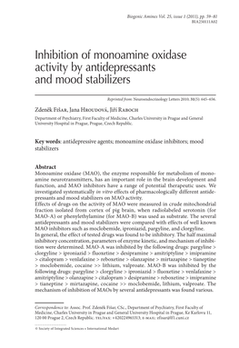 Inhibition of Monoamine Oxidase Activity by Antidepressants and Mood Stabilizers