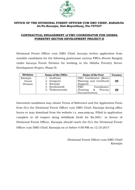 OFFICE of the DIVISIONAL FOREST OFFICER CUM DMU CHIEF, KARANJIA At/Po-Karanjia, Dist-Mayurbhanj, Pin-757037