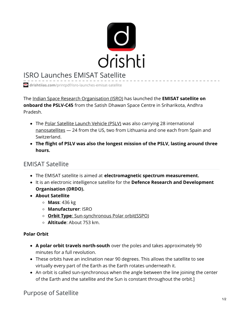 ISRO Launches EMISAT Satellite