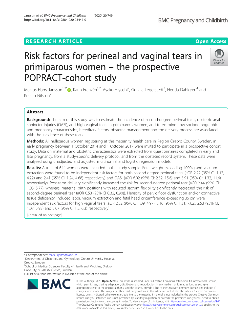 Risk Factors for Perineal and Vaginal Tears in Primiparous Women