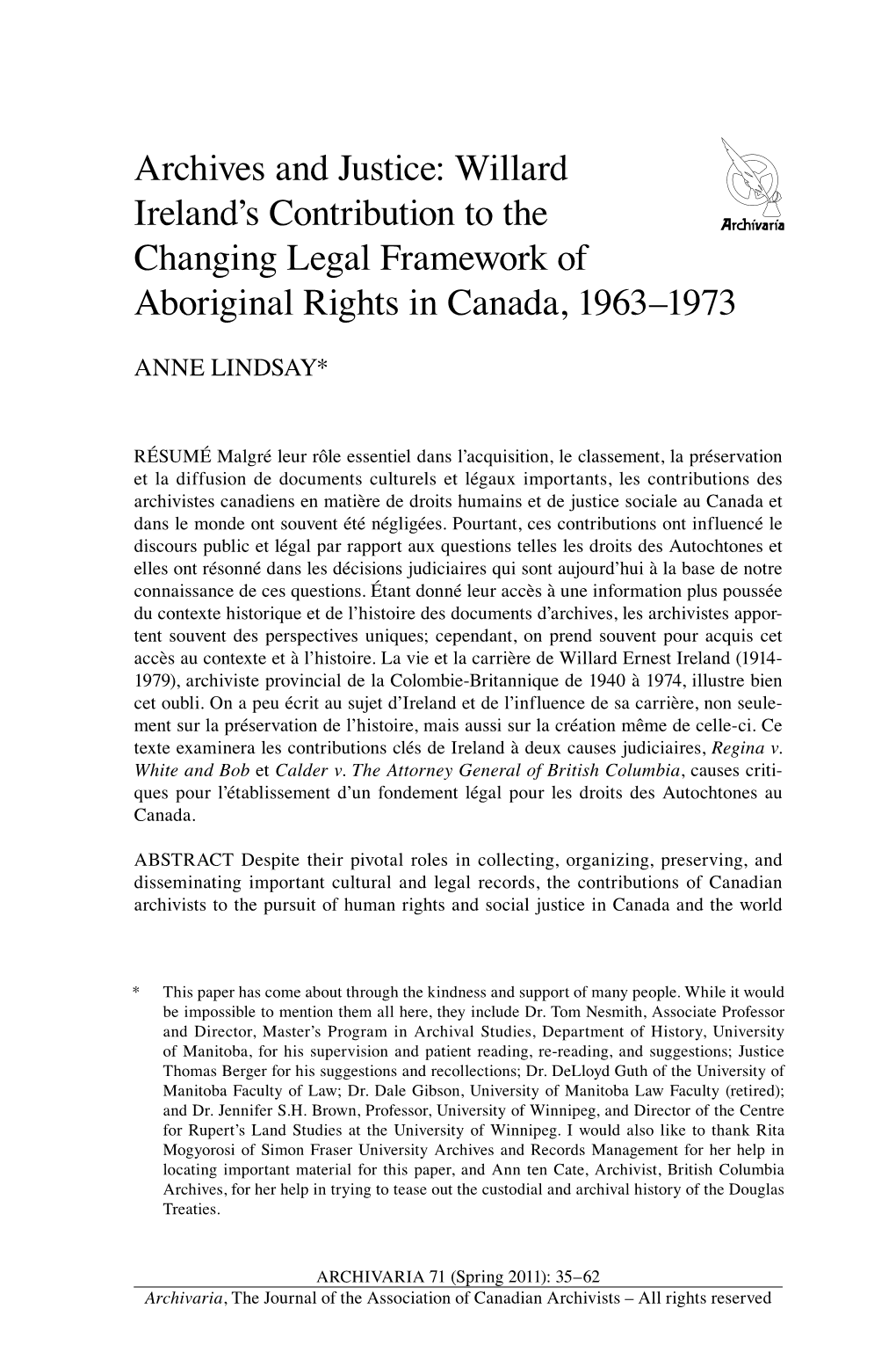 Archives and Justice: Willard Ireland's Contribution to the Changing Legal Framework of Aboriginal Rights in Canada, 1963–