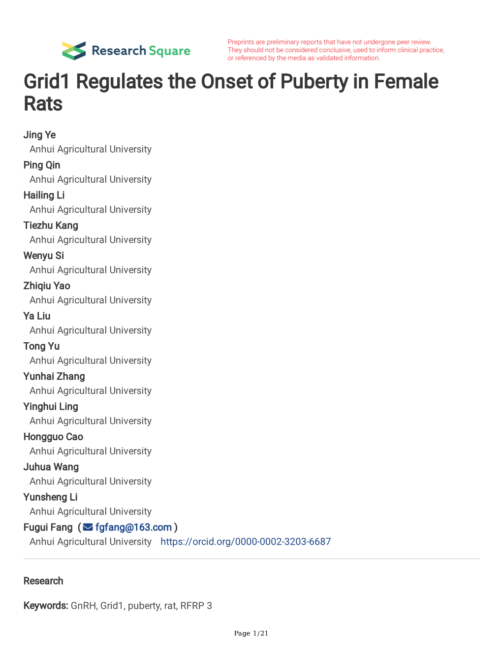 Grid1 Regulates the Onset of Puberty in Female Rats