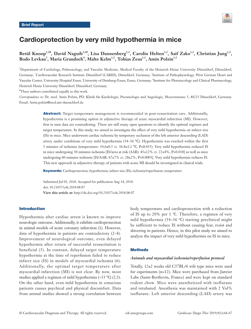 Cardioprotection by Very Mild Hypothermia in Mice