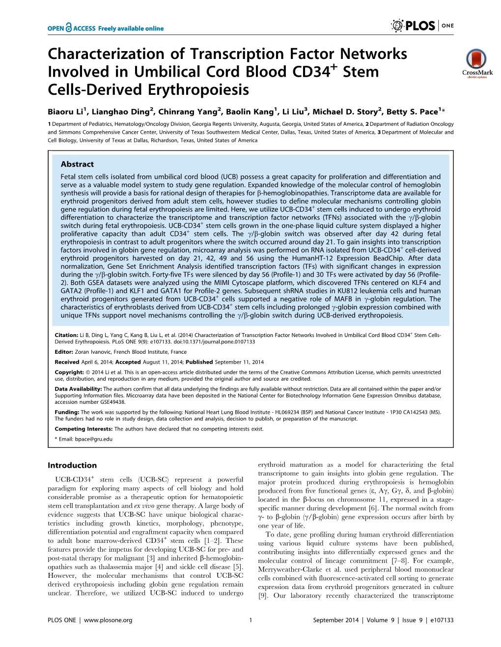 Characterization of Transcription Factor Networks Involved in Umbilical Cord Blood CD34+ Stem Cells-Derived Erythropoiesis