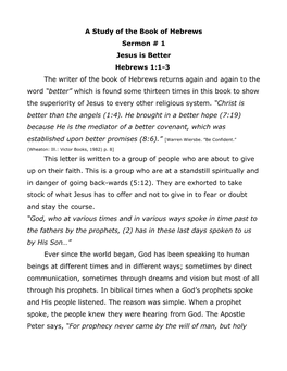 A Study of the Book of Hebrews Sermon # 1 Jesus Is Better