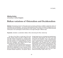 Balkan Variations of Orientalism and Occidentalism Nikolay Aretov