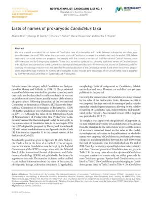Lists of Names of Prokaryotic Candidatus Taxa