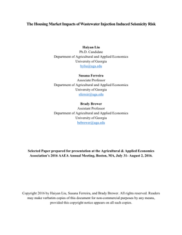 The Housing Market Impacts of Wastewater Injection Induced Seismicity Risk