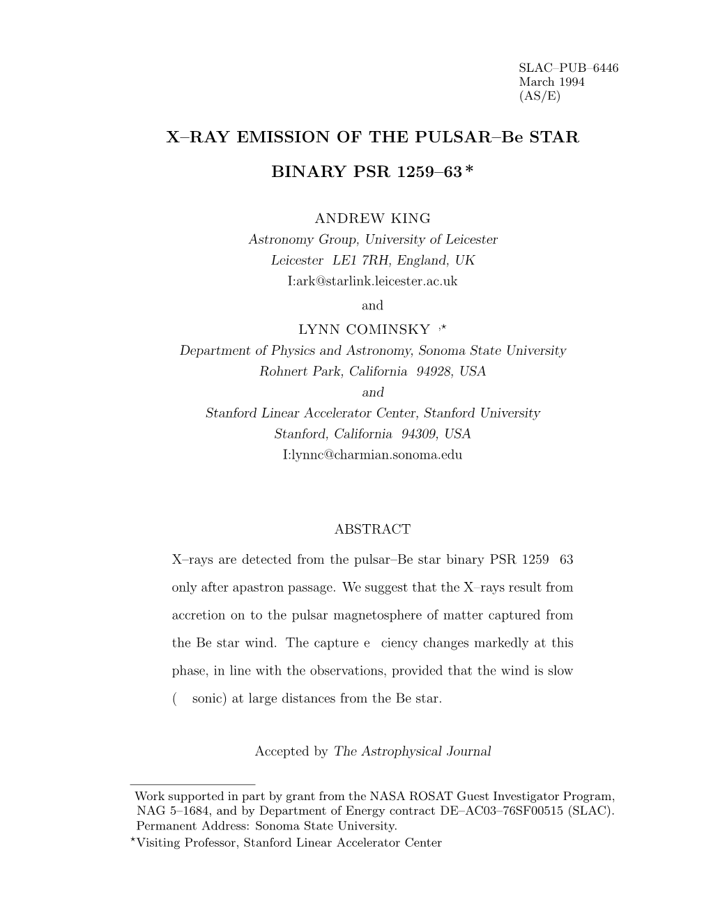 X–RAY EMISSION of the PULSAR–Be STAR BINARY PSR 1259–63*