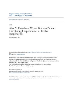Alice M. Donahue V. Warner Brothers Pictures Distributing Corporation Et Al : Brief of Respondents Utah Supreme Court