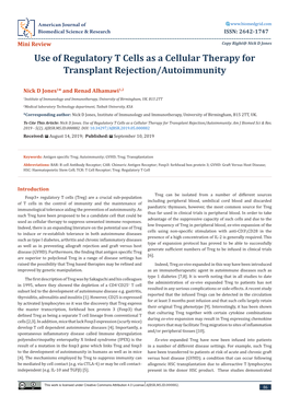 Use of Regulatory T Cells As a Cellular Therapy for Transplant Rejection/Autoimmunity