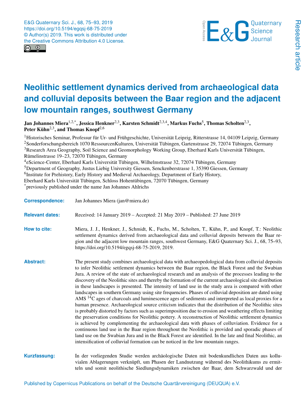 Neolithic Settlement Dynamics Derived from Archaeological Data and Colluvial Deposits Between the Baar Region and the Adjacent Low Mountain Ranges, Southwest Germany